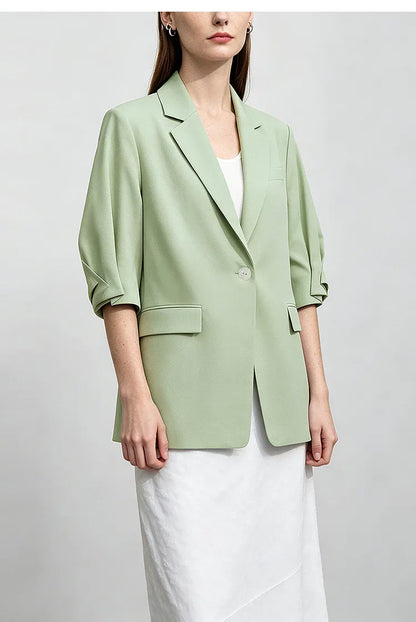 Women's Blazer 2026 Summer New Notch Lapel Linen Blend Pleated Half Sleeve Jacket Casual Office Midi Length Coat 12642184