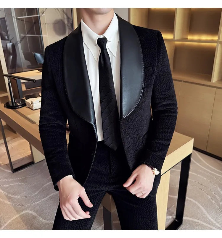 British Style PU Patchwork Suit for Men Casual Business Wedding Suits 2 Pieces Set (jacket+pant) Office Work Party Prom Suit