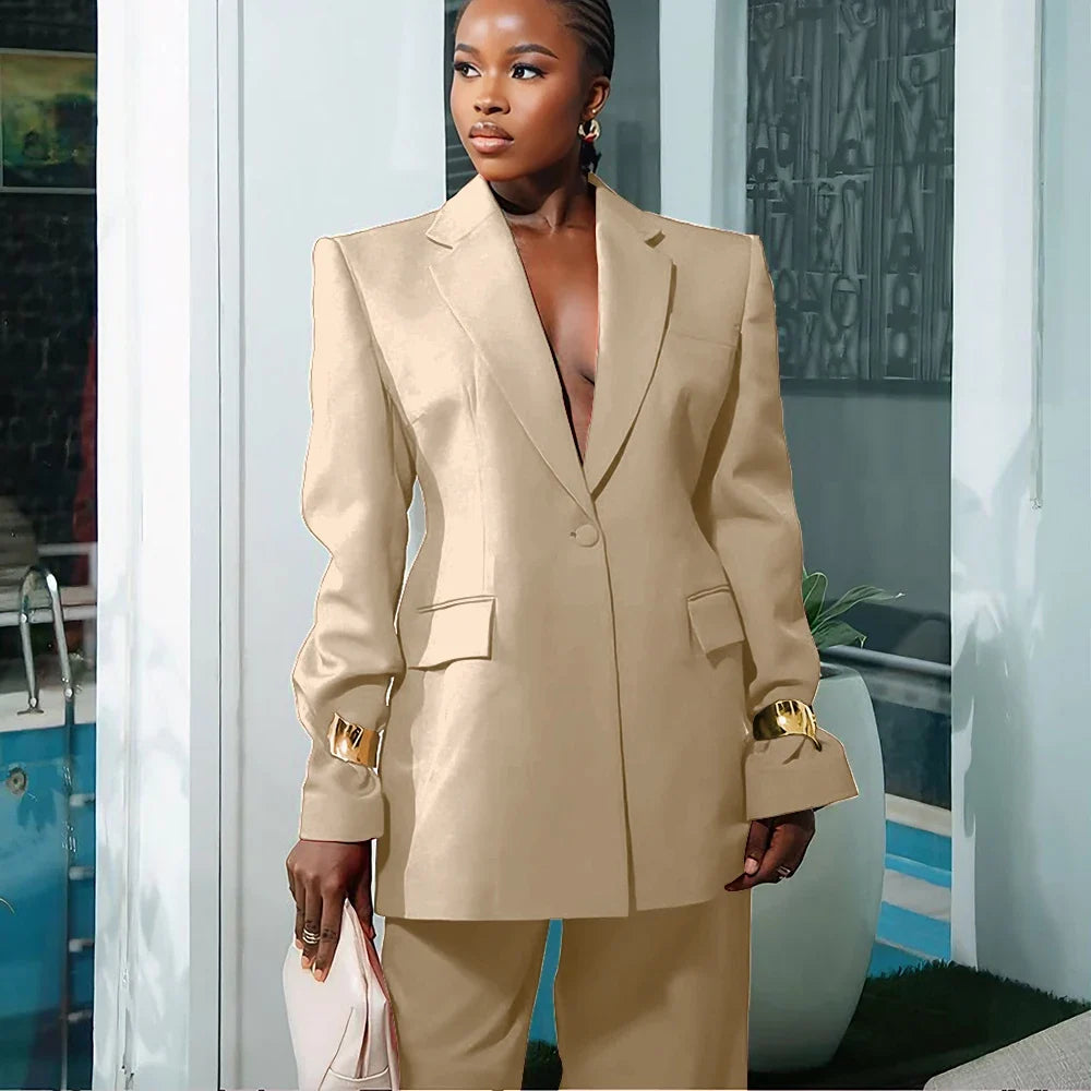 Elegant Women's Suit Autumn New Red Clothing Single Button Notch Lapel Blazer Pant Sets Formal Slim Fit Office Party Outerwears
