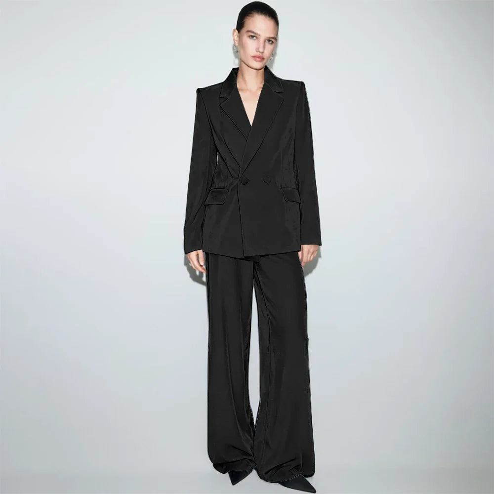 Luxury Navy Blue Velvet Women's Suit Two Piece(Jacket+Pants) Set Double-Breasted Notch Lapel Blazer Elegant Formal Evening Wear