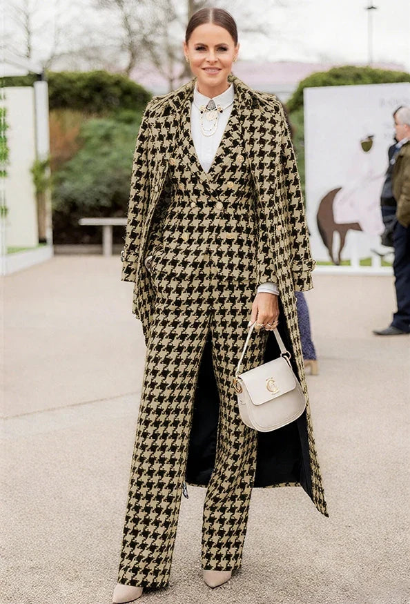 Chic Houndstooth Women Suits 3 Piece & Only Jacket Peak Lapel Formal Casual Prom Party Pants Sets Long Coat Blazer Pants
