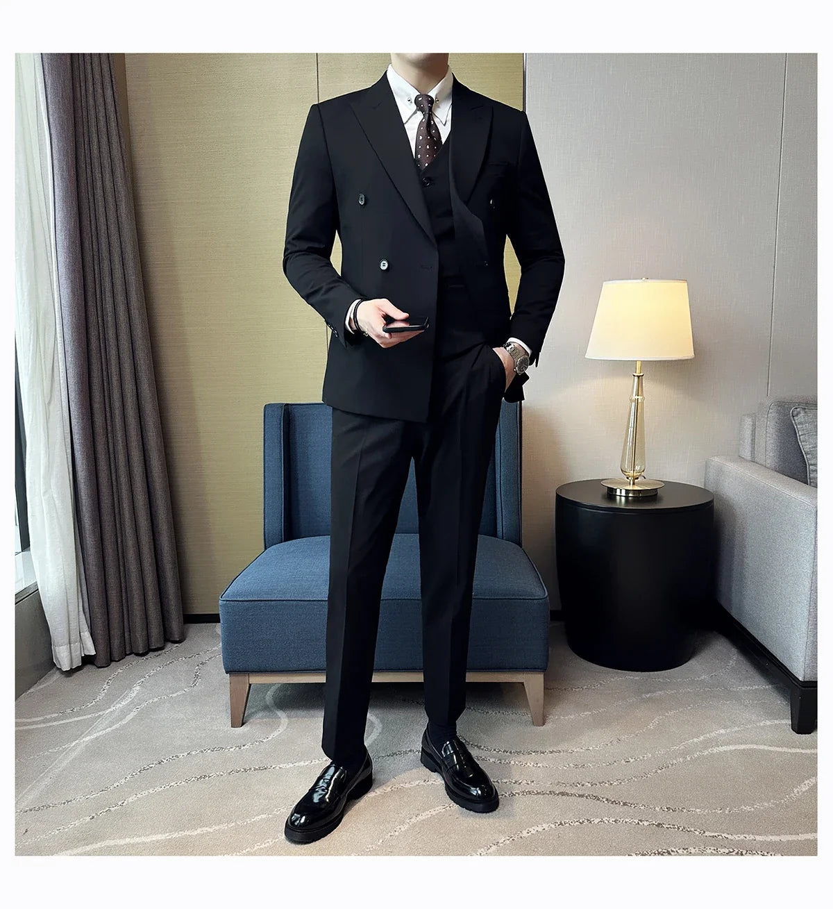 Men's Double Breasted Suit Set – Slim Fit Blazer, Vest & Pants for Wedding & Business