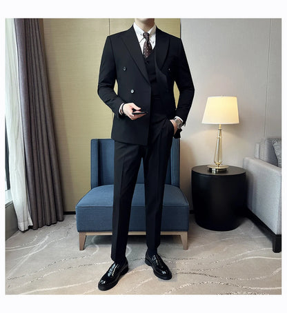 Men's Double Breasted Suit Set – Slim Fit Blazer, Vest & Pants for Wedding & Business