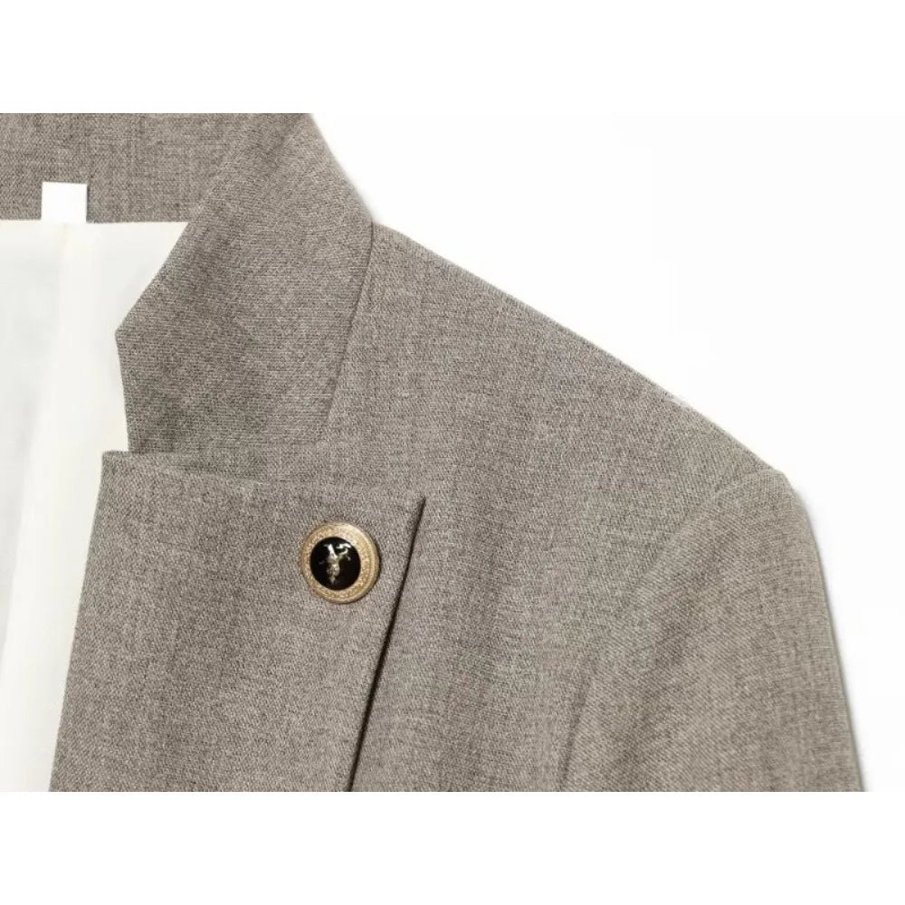 Elegant Women Tailored Blazers with Lapel Buttons New in Fitted Blazer with False Double Welt Pockets Spring Taupe Brown Outwear