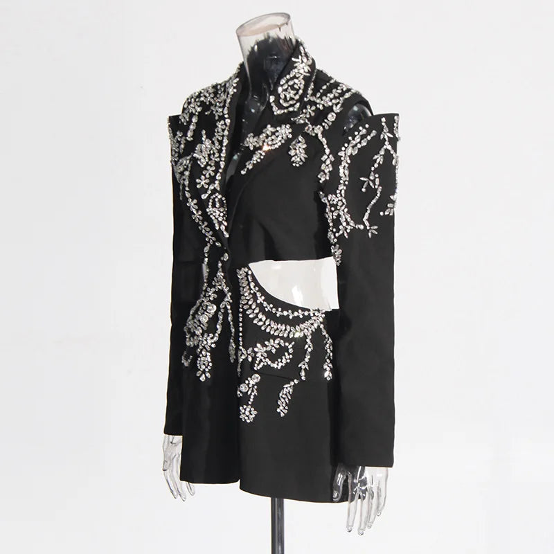 Sexy Stylish Coats 2025 Spring Autumn New Women Diamonds Nail Bead Heavy Waist Exposed High Sense Long Sleeve Blazer HK3760