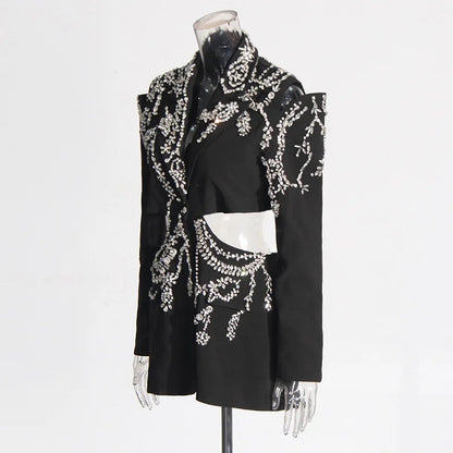 Sexy Stylish Coats 2025 Spring Autumn New Women Diamonds Nail Bead Heavy Waist Exposed High Sense Long Sleeve Blazer HK3760