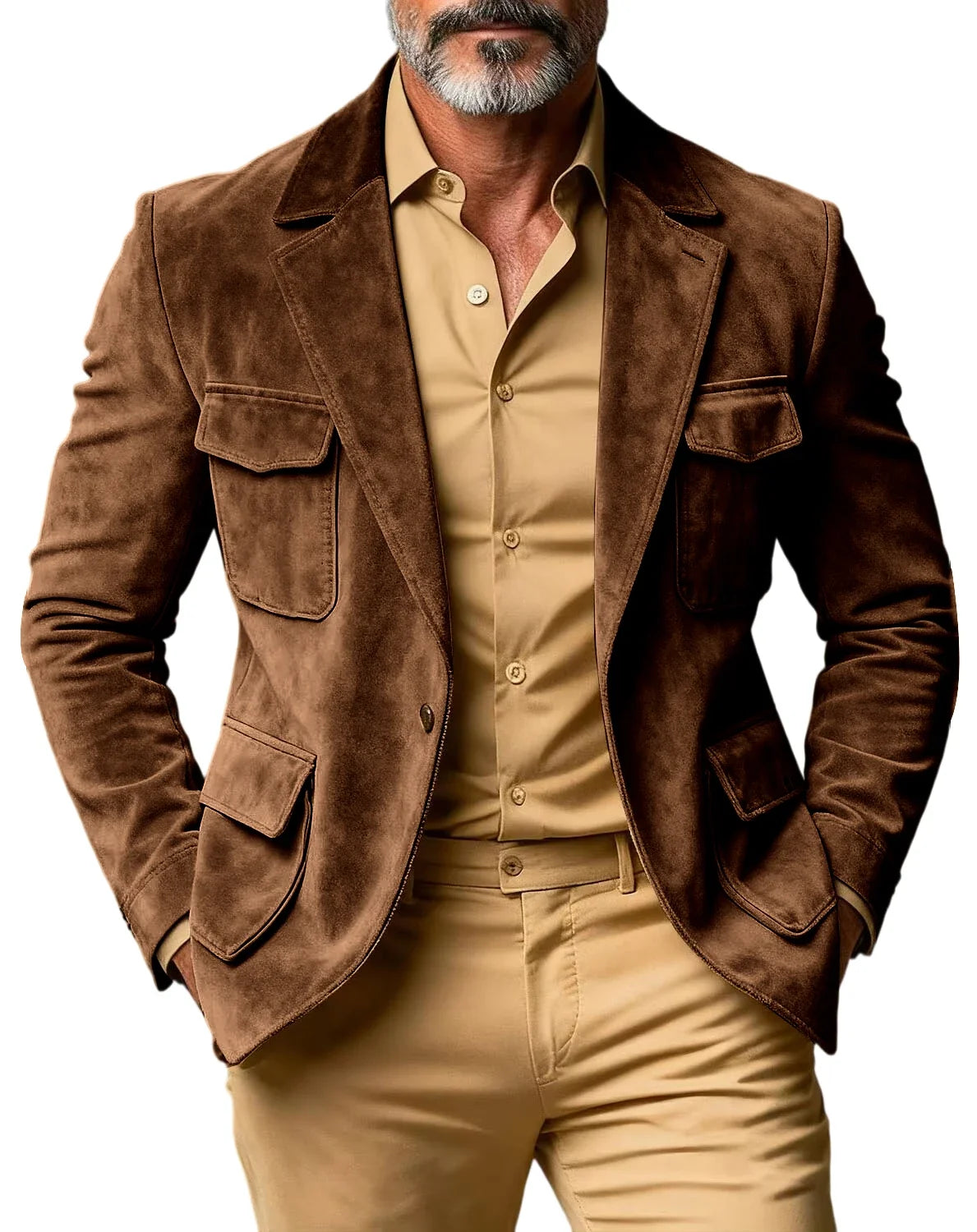 Men's Suede Safari Blazer Slim Fit Notch Lapel Multi-Pocket Hunting Jacket Autumn Winter Casual Business Sport Coat