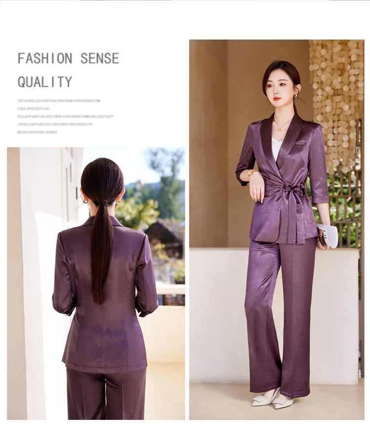 Designer Splicing Women Senior Luxurious Blazer Suit Pants Set Soft Satin Silk Office Lady Solid Coat Big Size Elegant Jacket
