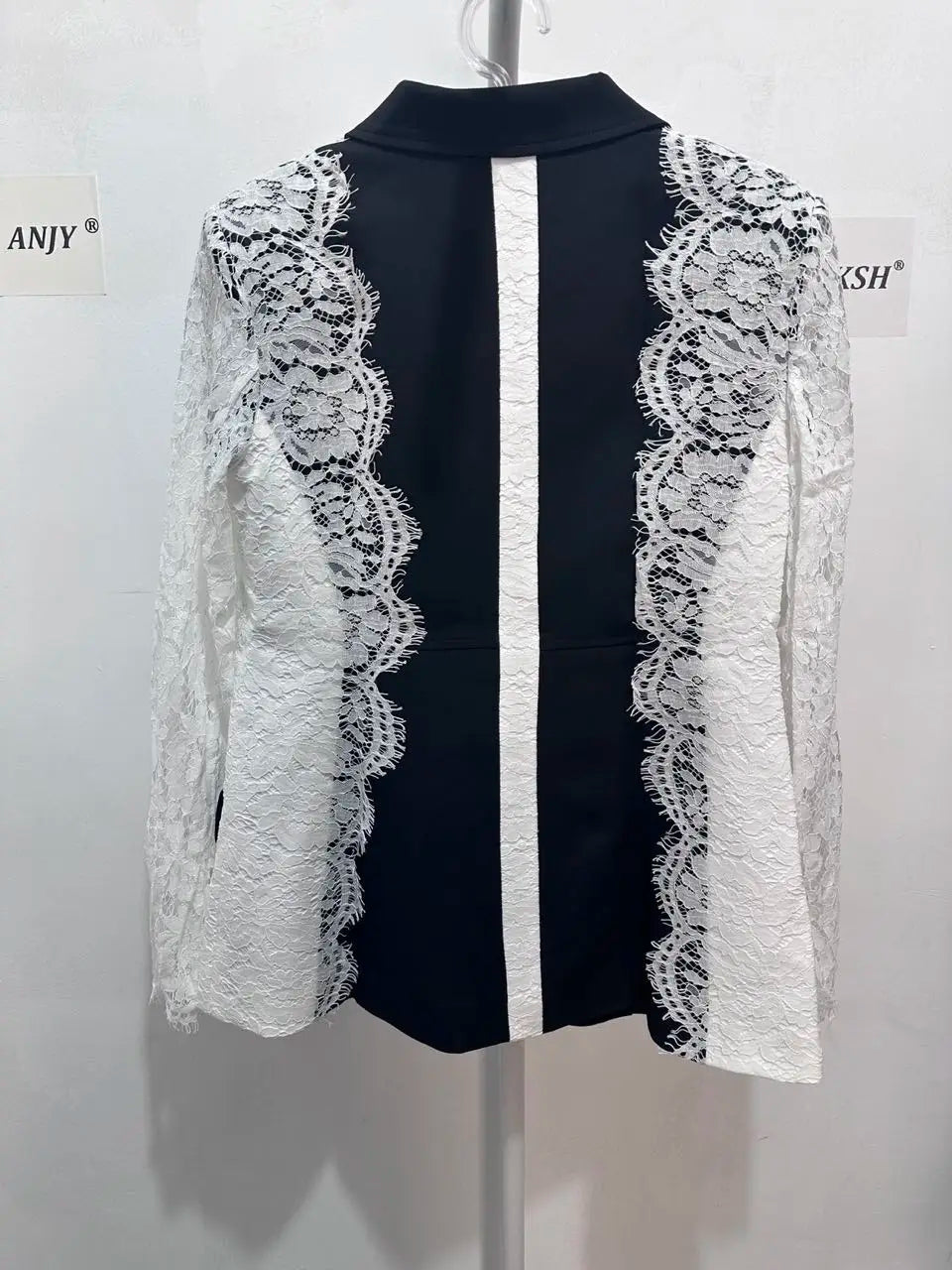 Autumn New Women Tide Chic Elegant Fashion Single Button Patchwork Lace Contrast Color Waist Cinching Pocket Blazer  HK7609