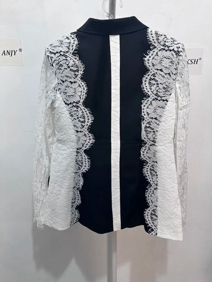 Autumn New Women Tide Chic Elegant Fashion Single Button Patchwork Lace Contrast Color Waist Cinching Pocket Blazer  HK7609