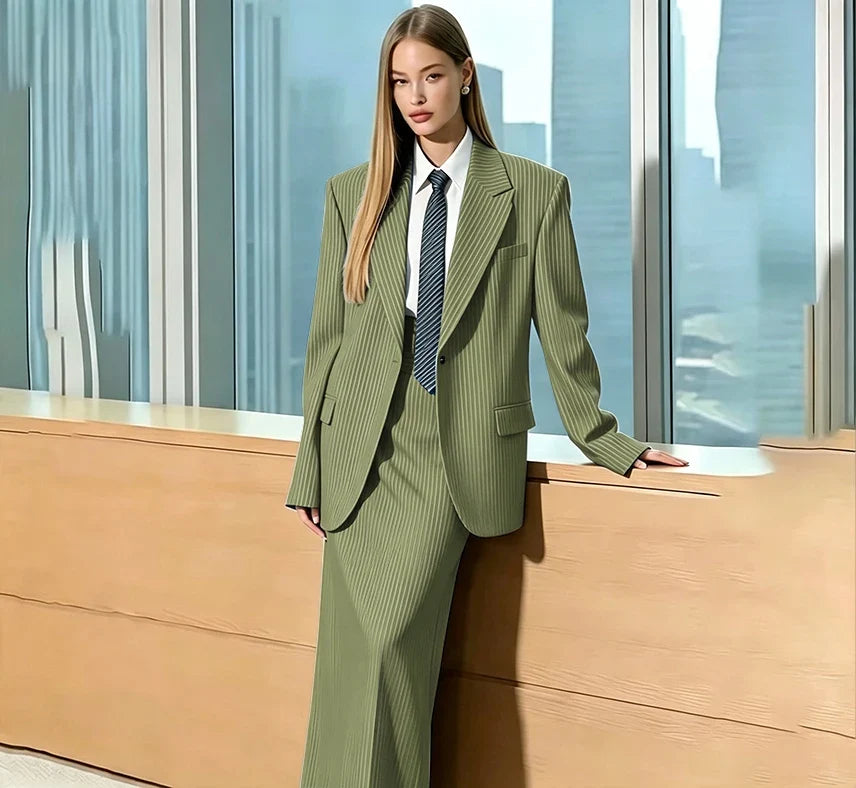Stylish Gray Pinstripe Woman Clothing Single Breasted 2 Pieces Jacket Maxi Skirt Suit Set Formal Business Office Lady Wear