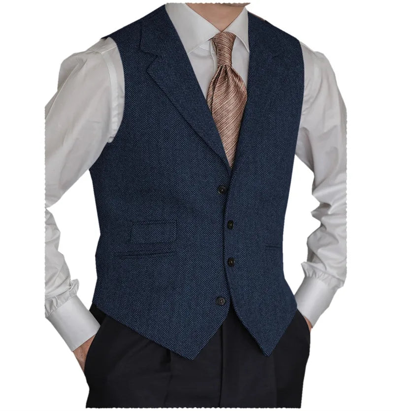 Men's Herringbone Vest – Slim Fit Tailored Collar Waistcoat for Men – Smart Casual & Wedding