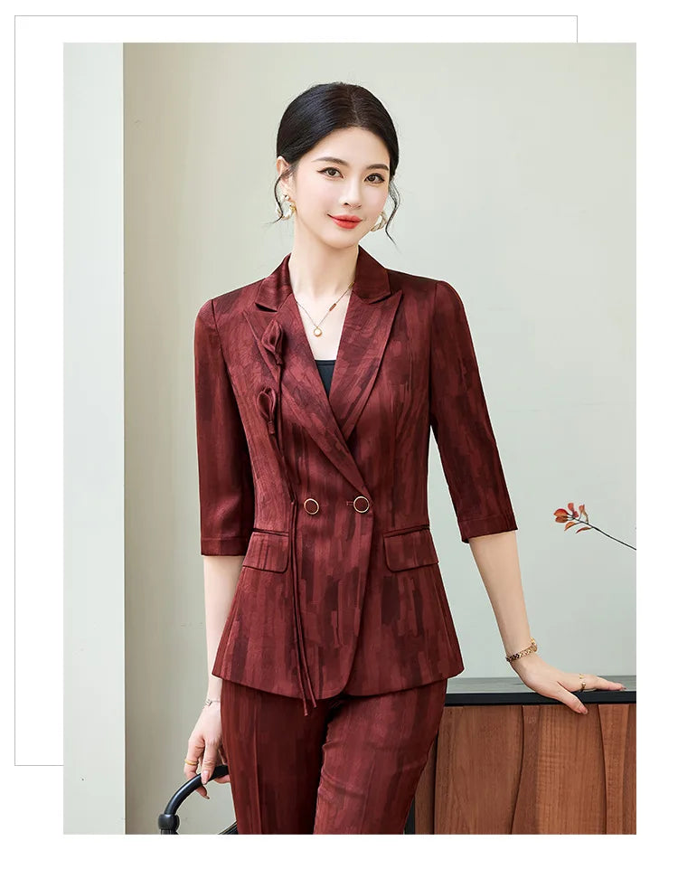 Spring Ladies Pant Suit Women Pink Wine Red Female Business Work Wear Half Sleeve Jacket and Trouser Formal 2 Piece Set Blazer