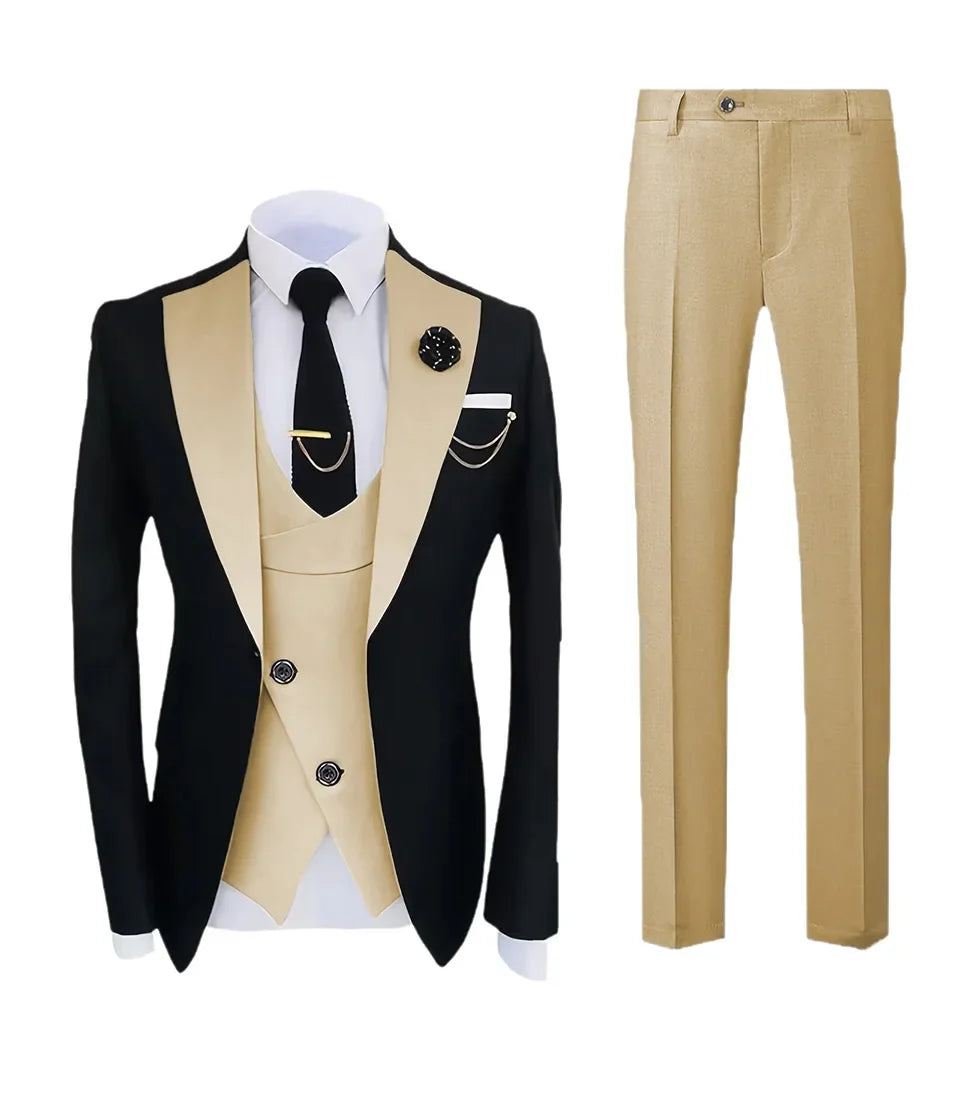 Mens Pant Suit Classic Contrast Flat Collar Blazer Jacket Slant-breasted Vest Trousers 3 Piece Set for Wedding Groom Groomsmen