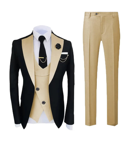 Mens Pant Suit Classic Contrast Flat Collar Blazer Jacket Slant-breasted Vest Trousers 3 Piece Set for Wedding Groom Groomsmen