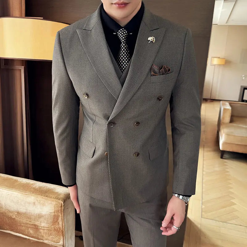 Autumn and winter high-end men's fashionable and stylish suit set, groom's wedding dress three-piece set, Korean-style slimming
