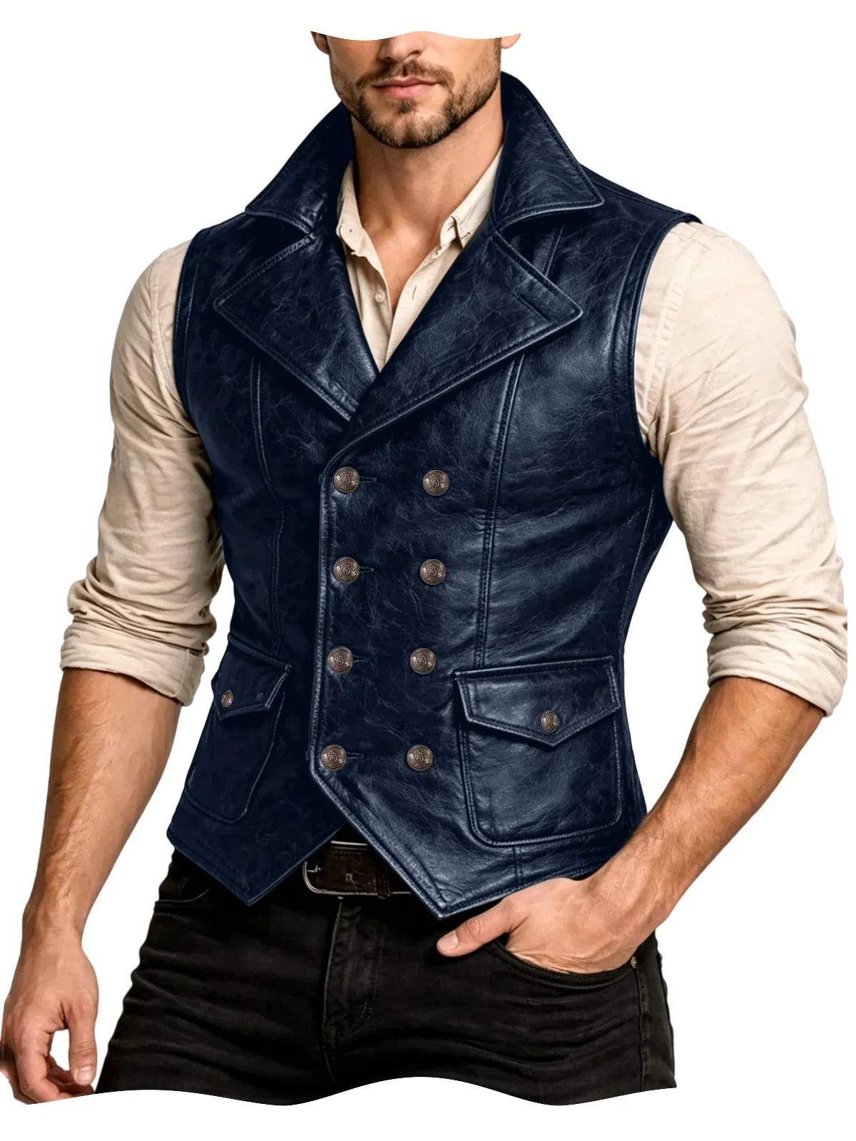 Men's Faux Leather Waistcoat Vintage Double Breasted Slim Fit Vest for Casual & Streetwear
