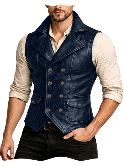 Men's Faux Leather Waistcoat Vintage Double Breasted Slim Fit Vest for Casual & Streetwear