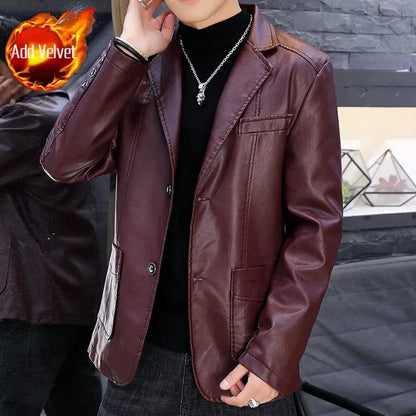 Men's Faux Leather Blazer Jacket Autumn Winter Warm Fleece Lined Casual Versatile Outerwear