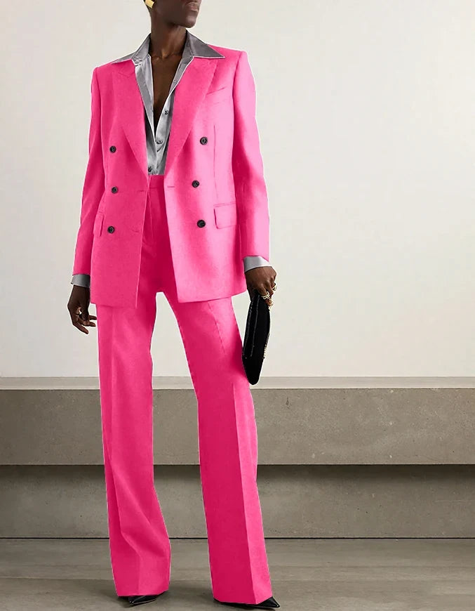 Fashion Grey Double Breasted Women Pants Set High-end Female Two Pieces(Jacket+Trousers)أطقم بناطيل