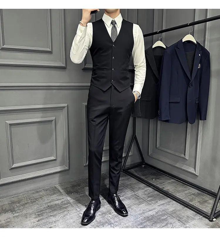 Men's 3 Piece Suit Set Double‑Button Slim Fit Solid Color Business Casual Wedding Party Jacket Vest Pants Formal Outfit for Men