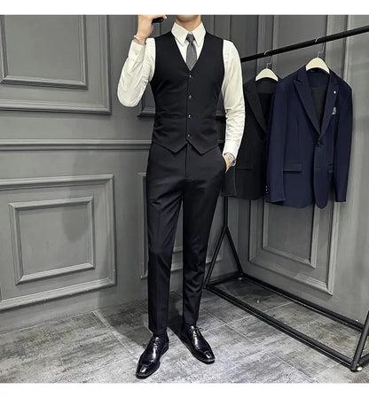 Men's 3 Piece Suit Set Double‑Button Slim Fit Solid Color Business Casual Wedding Party Jacket Vest Pants Formal Outfit for Men