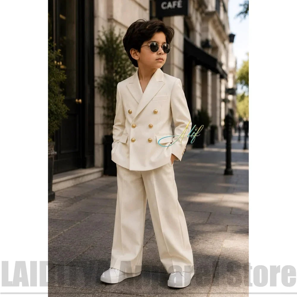 Fashion Boys Suit 2 Piece Double Breasted Blazer Wide Leg Pants Kids Wedding Formal Outfit Birthday Party Daily Casual Tuxedo
