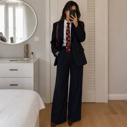 Modern Women Dark Navy 2 Piece Suit Single Breasted Notched Blazer Trousers Set Formal Office Business Loose Matching Outfit