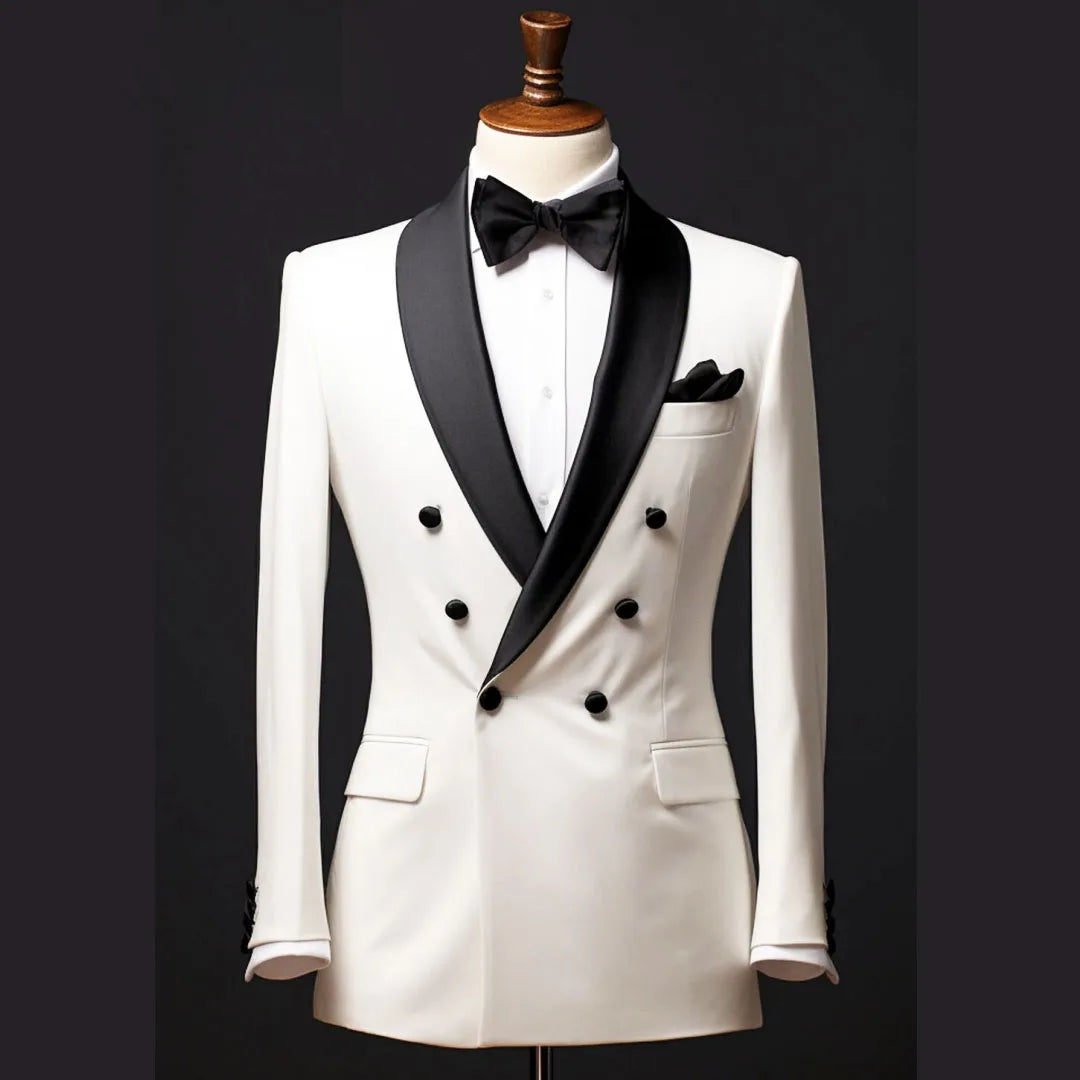 Men Suit White 2 Piece Double Button With Bright Black Lapel For Wedding Birthday Banquet Party Prom Business Work Jacket Pants