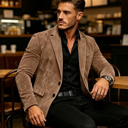 Luxury Men's Suede Texture Blazer Notched Lapel Slim Fit 2 Button Sport Coat Business Casual Formal Wedding Party Suit Jacket