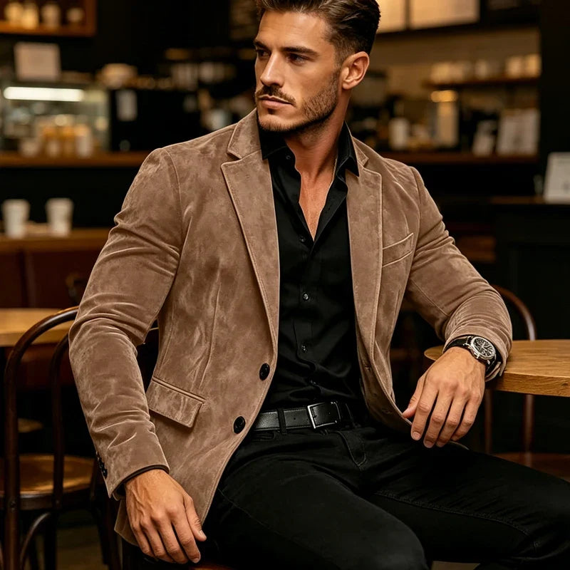 Luxury Men's Suede Texture Blazer Notched Lapel Slim Fit 2 Button Sport Coat Business Casual Formal Wedding Party Suit Jacket
