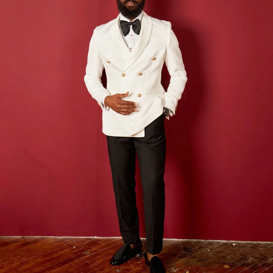 Men Suit White 2 Pieces Floral Pattern Gold Double Button For Wedding Birthday Banquet Business Work Jacket With Black Pants