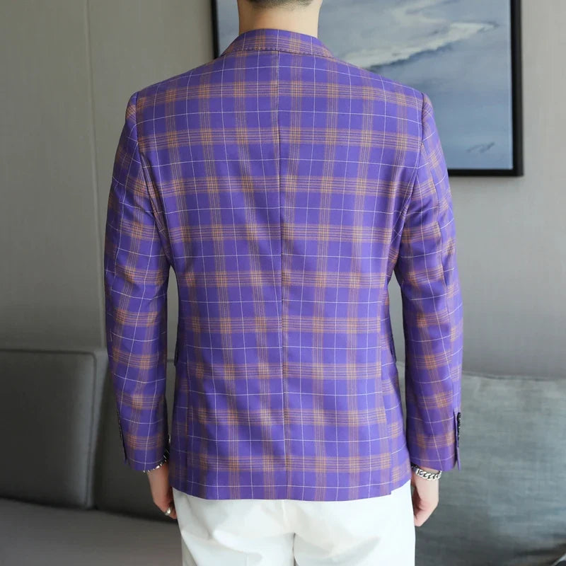 Checkered Suit Jacket for Men Single Breasted Casual Business Blazers Slim Fit Social Office Banquet Host Wedding Dress Jackets