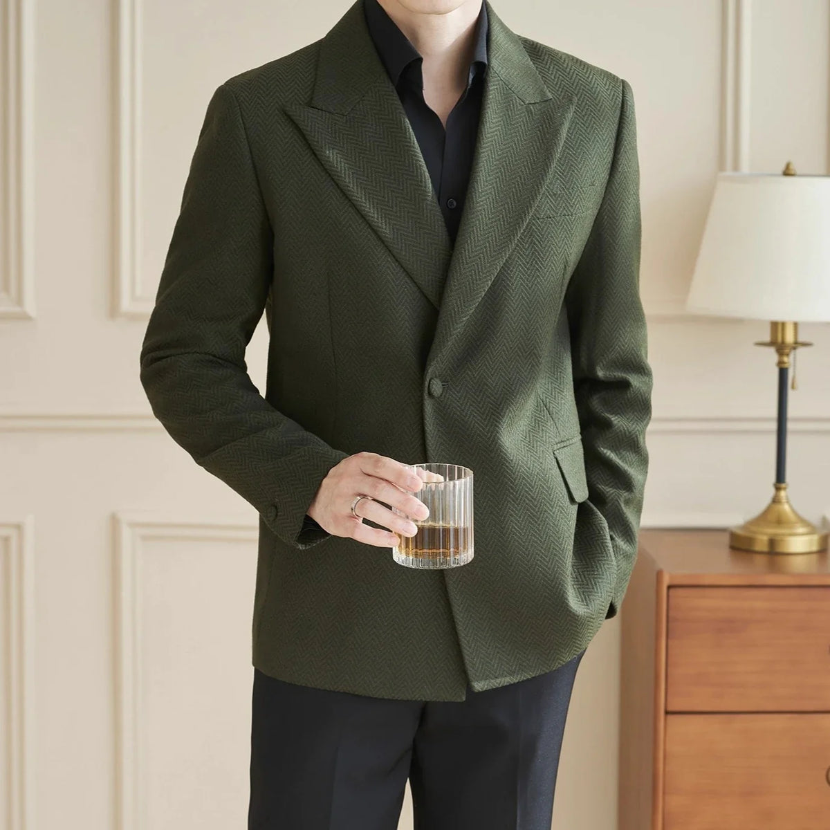 Herringbone Pattern Fabric Suit Jacket Men Autumn Winter Casual Business Dress Coat Wedding Groom Banquet Party Blazer Masculino