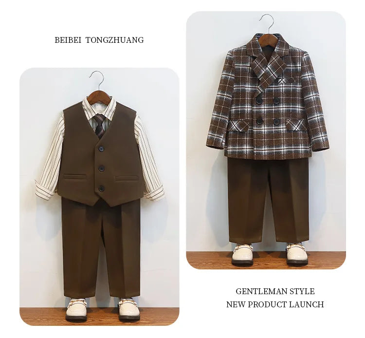 Boys British Double Breasted Blazer Jacket Pants Children Suit Waistcoat Wedding Clothes Sets Toddler Formal Dress Kids Tuxedos