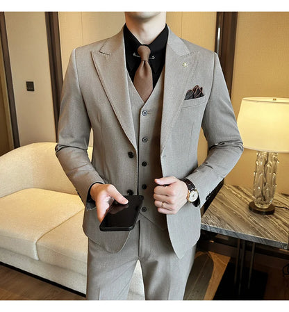 (Blazer + Vest + Trousers) 2024 New Men Formal Business Solid Suit 3 Pieces Set Italian Style Luxury Wedding Social Party Tuxedo