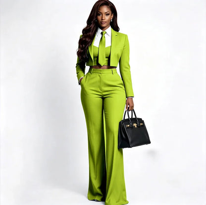 Sharp Women's Burgundy Suit Tailored Cropped Jacket+Wide Leg Pants 2 Piece Set Formal Evening Party Female Clothing