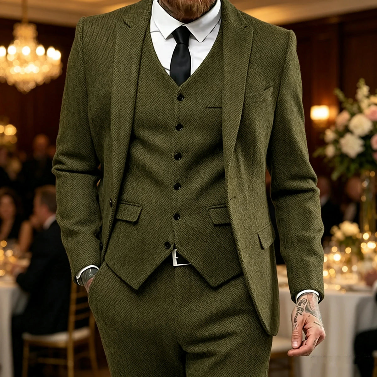 Classic Herringbone Tweed Mens Suits Stylish Vintage Tuxedo Set 3 Pieces Blazer Vest and Pant For Wedding Business Evening Party
