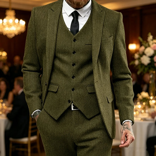 Classic Herringbone Tweed Mens Suits Stylish Vintage Tuxedo Set 3 Pieces Blazer Vest and Pant For Wedding Business Evening Party