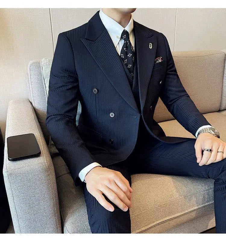 Korean Slim Fitt Wedding Suit Fashion Striped Double Breasted Suit 3 Piece Set Business Formal Casual Party Prom Host Suits
