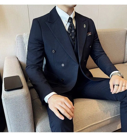 Korean Slim Fitt Wedding Suit Fashion Striped Double Breasted Suit 3 Piece Set Business Formal Casual Party Prom Host Suits
