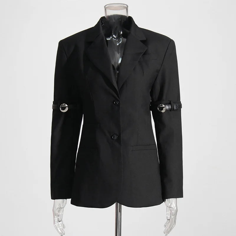 Autumn New Women Design Sense Blazer Personality Patchwork Belt Decoration Slim Fit Elegant Fashion High Street Coat HK9048