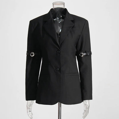 Autumn New Women Design Sense Blazer Personality Patchwork Belt Decoration Slim Fit Elegant Fashion High Street Coat HK9048