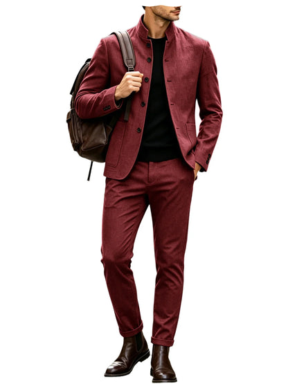 Men Stand Collar Linen Blazer Set Slim Fit 2 Pieces Jacket Pants Breathable Wrinkle‑Resistant Vintage Casual Business Outerwear