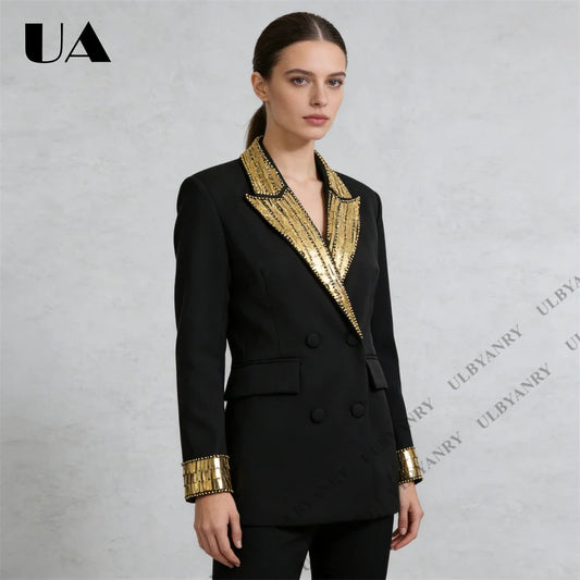 Women's Black Sequin-Embellished Double-Breasted Blazer with Gold Accents for Masquerade Ball Bold Stylish Dinner Suit Jacket