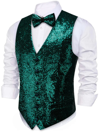 Men's Vest and Bow Tie Set – Silver-Gray Sequin – Party, Stage & Nightclub Wear