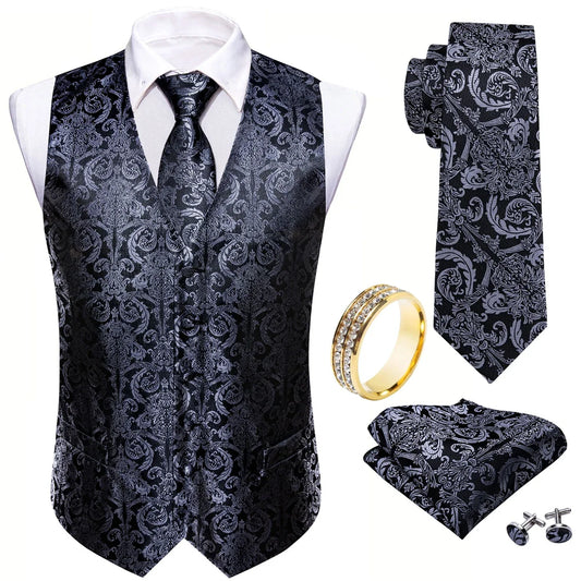 Men's Vest Matching Set Black Silver Vintage Jacquard V-Neck for Business Banquet