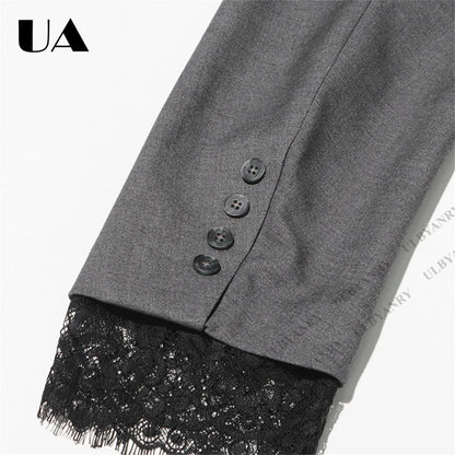Women’s Grey Blazer with Black Lace Trim Elegant Notched Lapel Cuffs & Hem Jacket Single-Breasted Office Wear