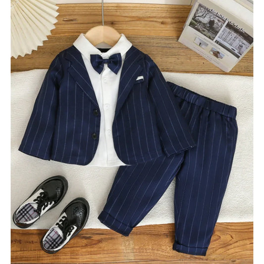 Navy Blue Striped Suits for Boy Chic Single Breasted Notch Lapel Kids Outfits Formal Casual Fashion Baby Boy Clothes 2 Piece