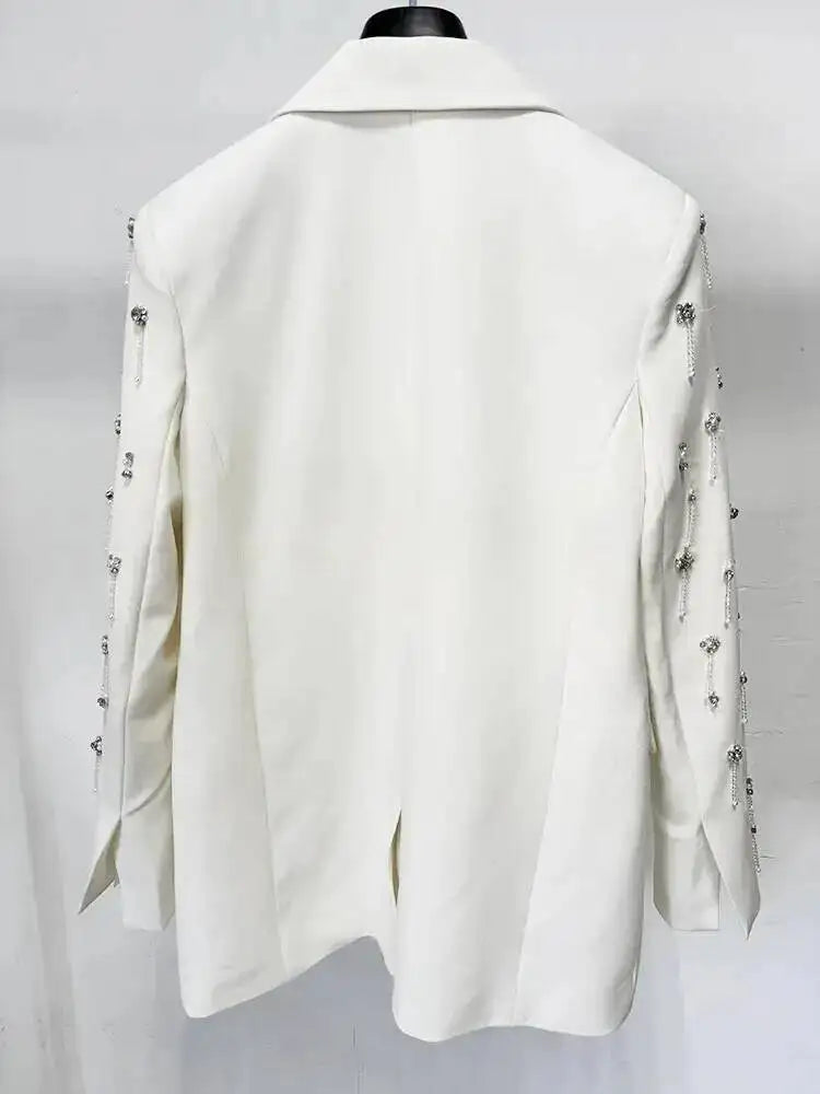 Solid Blazer Women Beaded Rhinestone Embellished Lapel Long Sleeve Dangling Charms Formal Evening Party Suit Jacket 2026